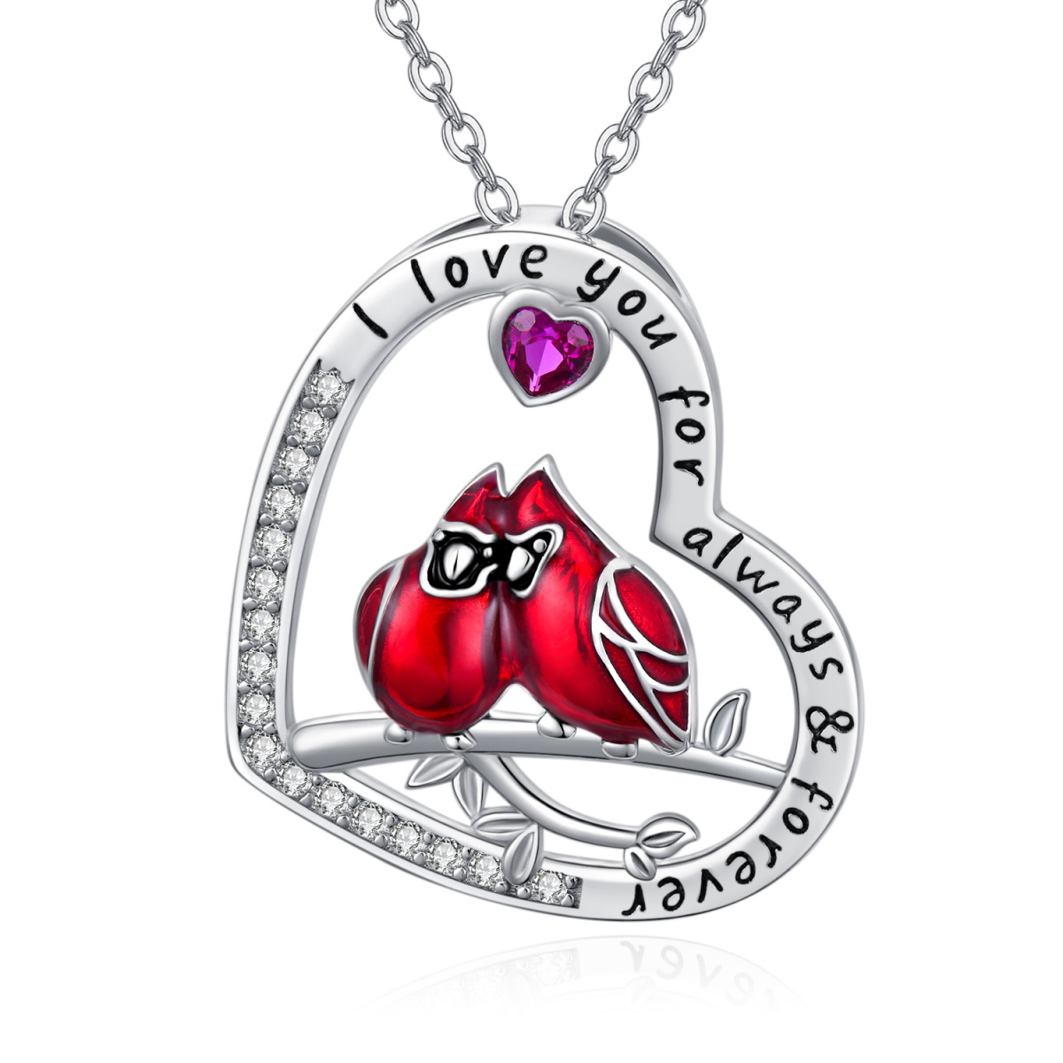 Sterling Silver Heart Shaped Cubic Zirconia Cardinal Pendant Necklace with Engraved Word-1