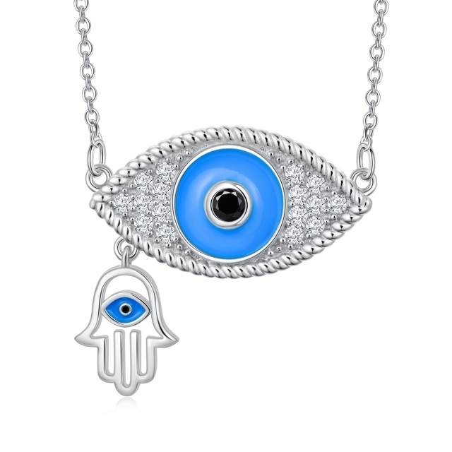Sterling Silver Round Zircon Devil's Eye & Hand Of Fatima Pendant Necklace-0