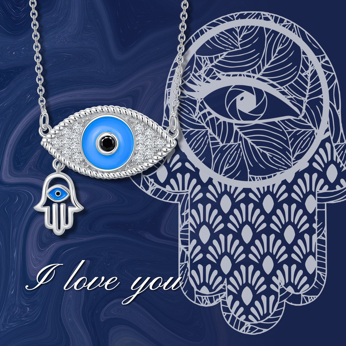 Sterling Silver Round Zircon Devil's Eye & Hand Of Fatima Pendant Necklace-5