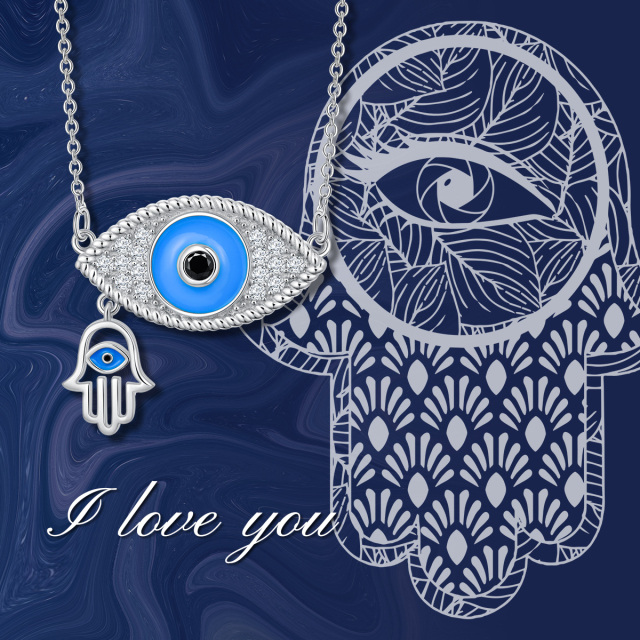 Sterling Silver Round Zircon Devil's Eye & Hand Of Fatima Pendant Necklace-4