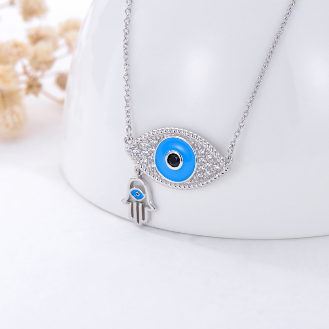 Sterling Silver Round Zircon Devil's Eye & Hand Of Fatima Pendant Necklace-2