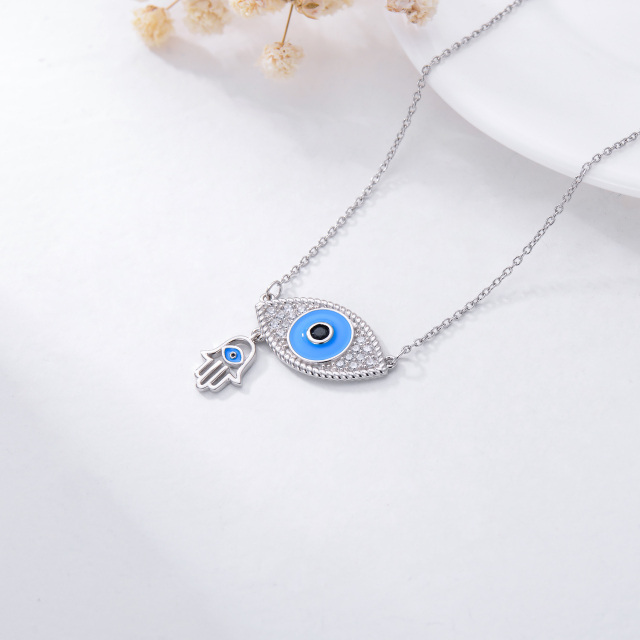 Sterling Silver Round Zircon Devil's Eye & Hand Of Fatima Pendant Necklace-3