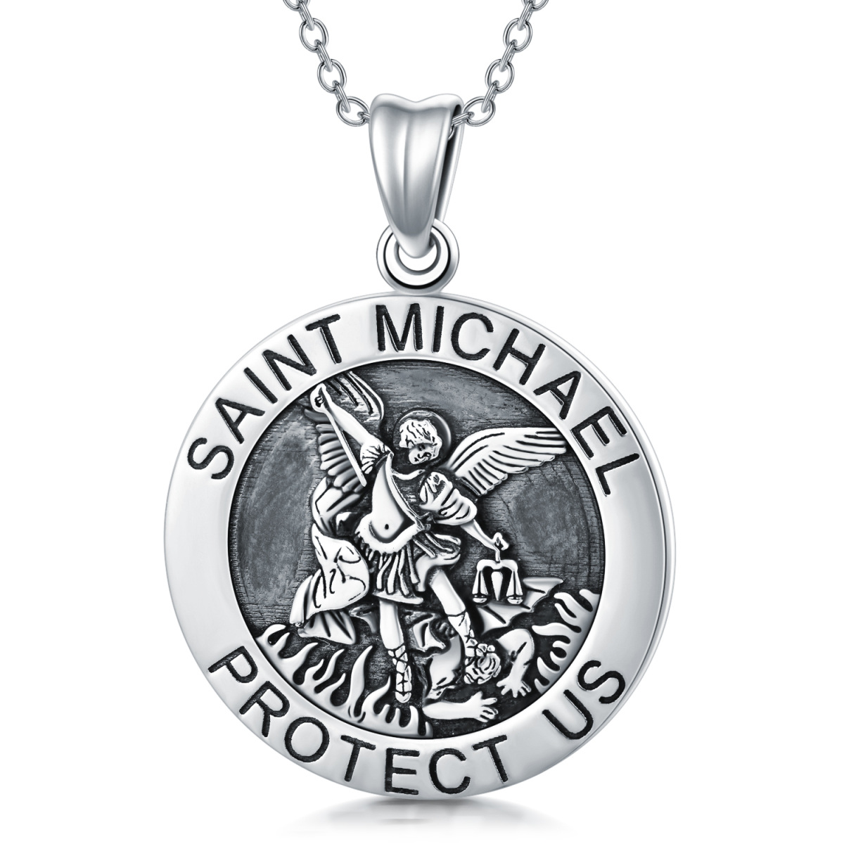 Collier en argent sterling avec pendentif en forme de pièce de monnaie Saint Michel avec mot gravé pour les hommes-1