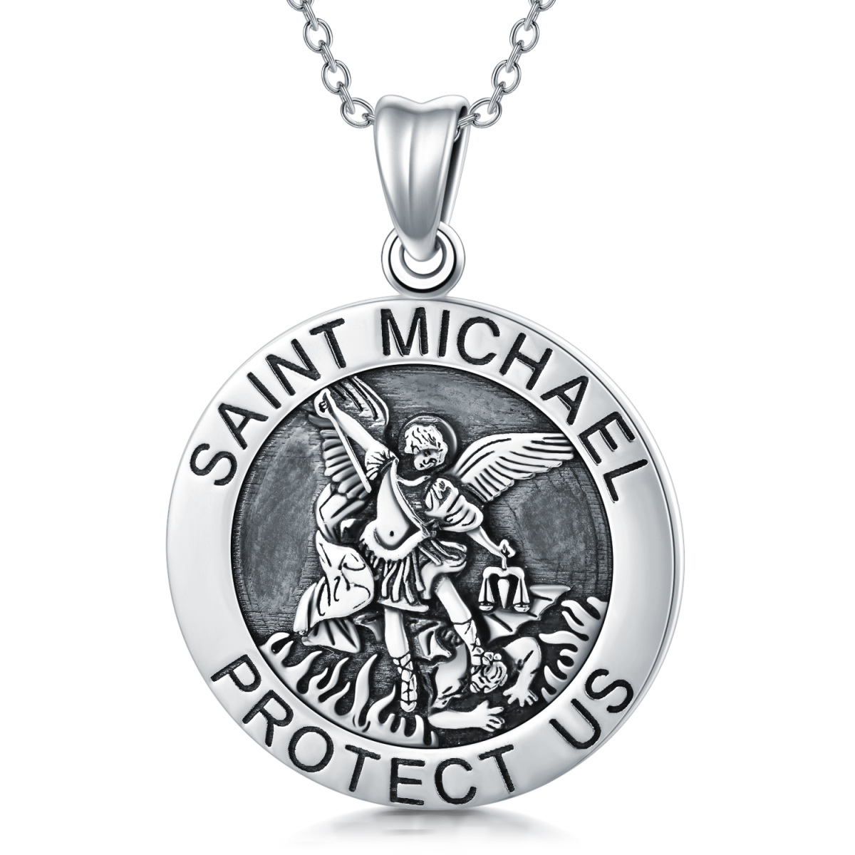 Sterling Silver Saint Michael Coin Pendant Necklace with Engraved Word for Men-1