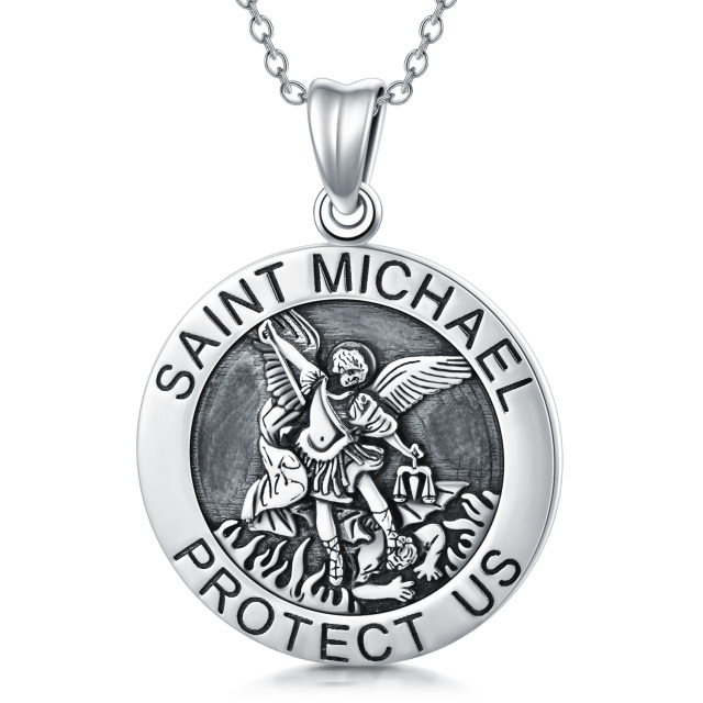 Colar de prata esterlina com pingente de moeda de São Miguel e palavra gravada para homem-0