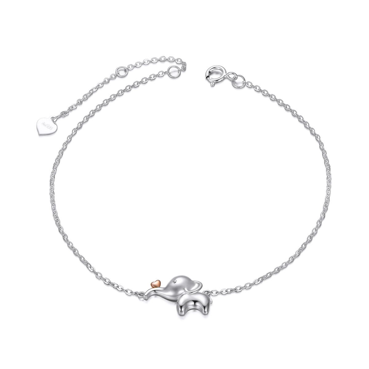 14K Silver & Rose Gold Elephant & Heart Single Layer Anklet-1