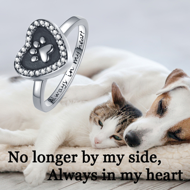 Sterling Silver Circular Shaped Cubic Zirconia Paw & Heart Urn Ring with Engraved Word-5