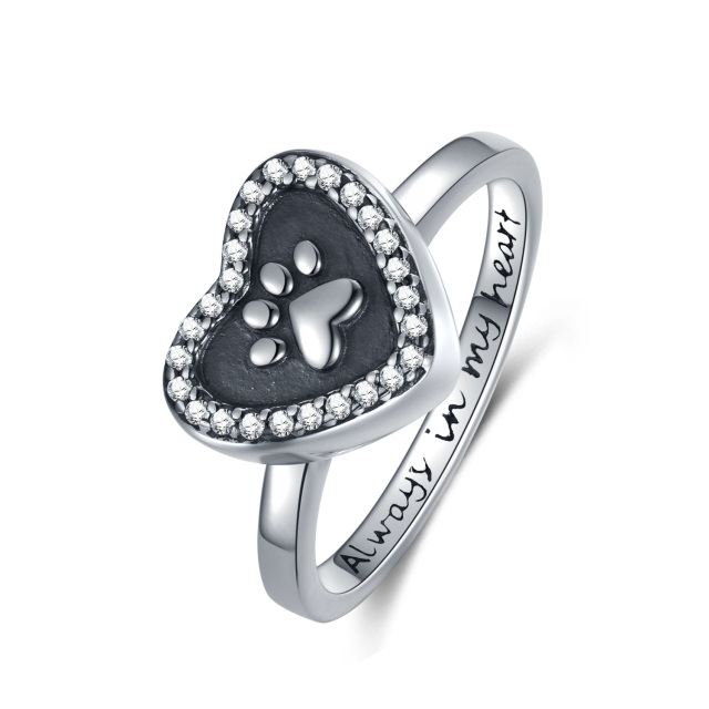 Sterling Silver Circular Shaped Cubic Zirconia Paw & Heart Urn Ring with Engraved Word-1