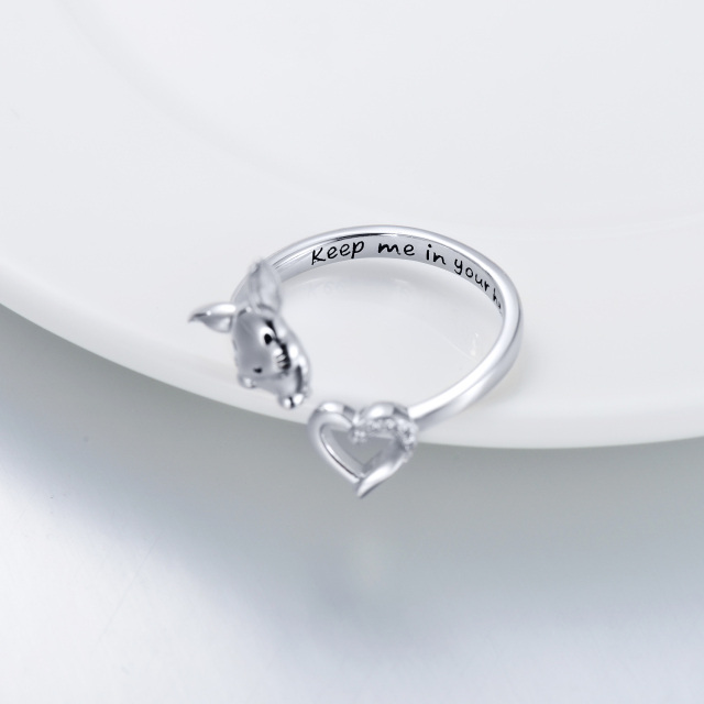 Sterling Silver Circular Shaped Cubic Zirconia Rabbit & Heart Open Ring with Engraved Word-4
