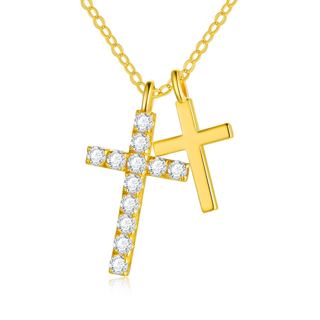 18K Gold Cubic Zirconia Cross Pendant Necklace-0