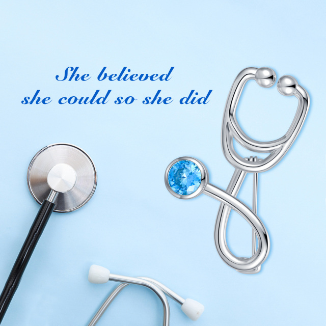 Sterling Silver Blue Cubic Zirconia Stethoscope Brooch Nurse Pins-5