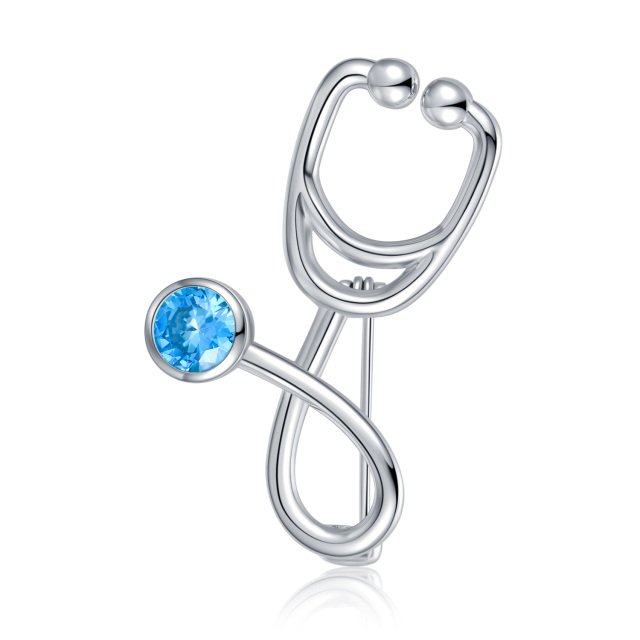 Sterling Silver Blue Cubic Zirconia Stethoscope Brooch Nurse Pins-1