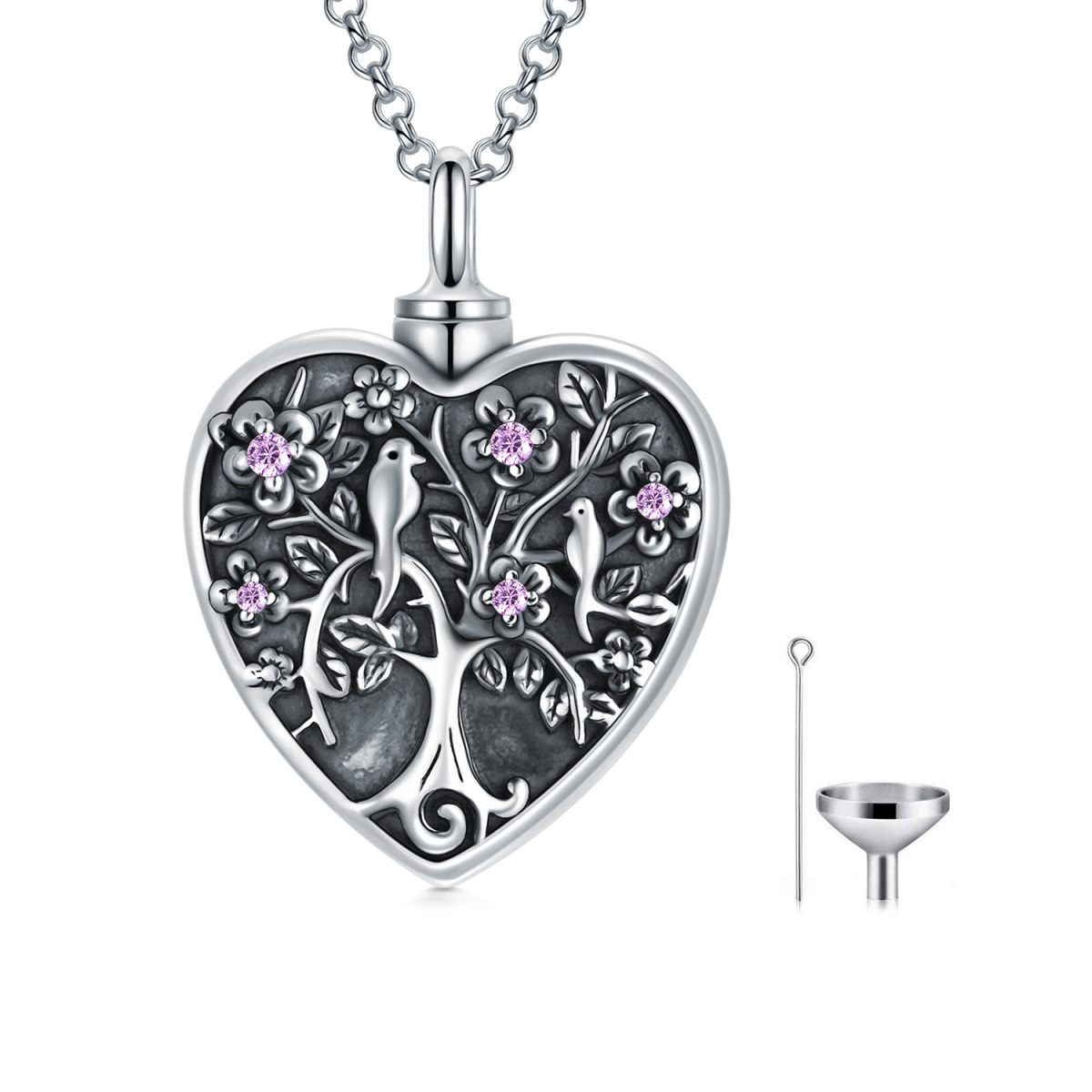 Sterling Silver Circular Shaped Cubic Zirconia Bird & Tree Of Life Urn Necklace for Ashes-1