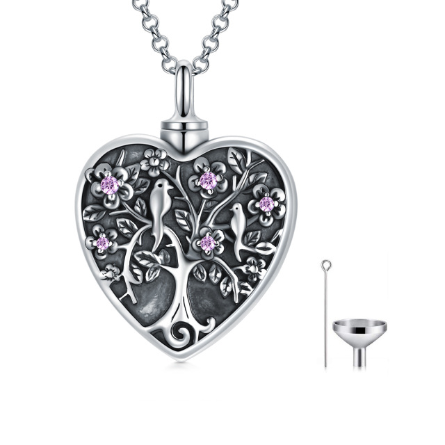 Sterling Silver Circular Shaped Cubic Zirconia Bird & Tree Of Life Urn Necklace for Ashes-0