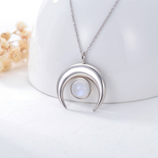 Sterling Silver Round Shaped Moonstone Crescent Moon Pendant Necklace-2