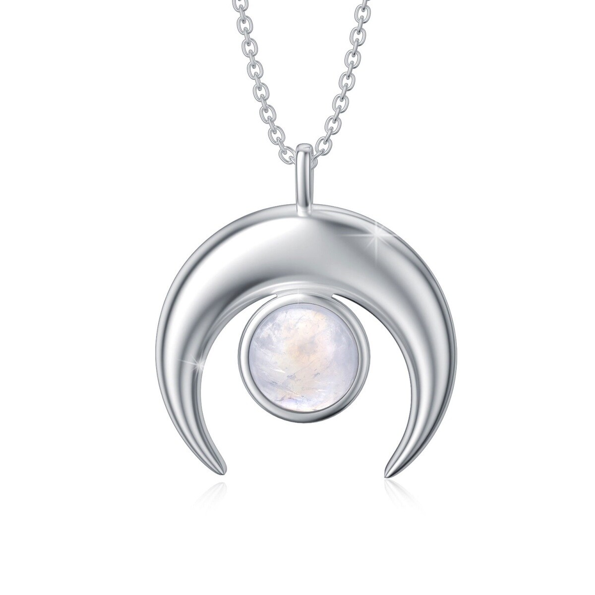 Sterling Silver Round Shaped Moonstone Crescent Moon Pendant Necklace-1