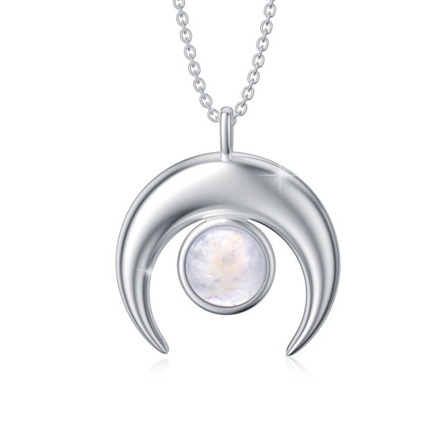 Sterling Silver Round Shaped Moonstone Crescent Moon Pendant Necklace-0