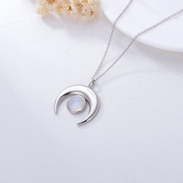 Sterling Silver Round Shaped Moonstone Crescent Moon Pendant Necklace-3