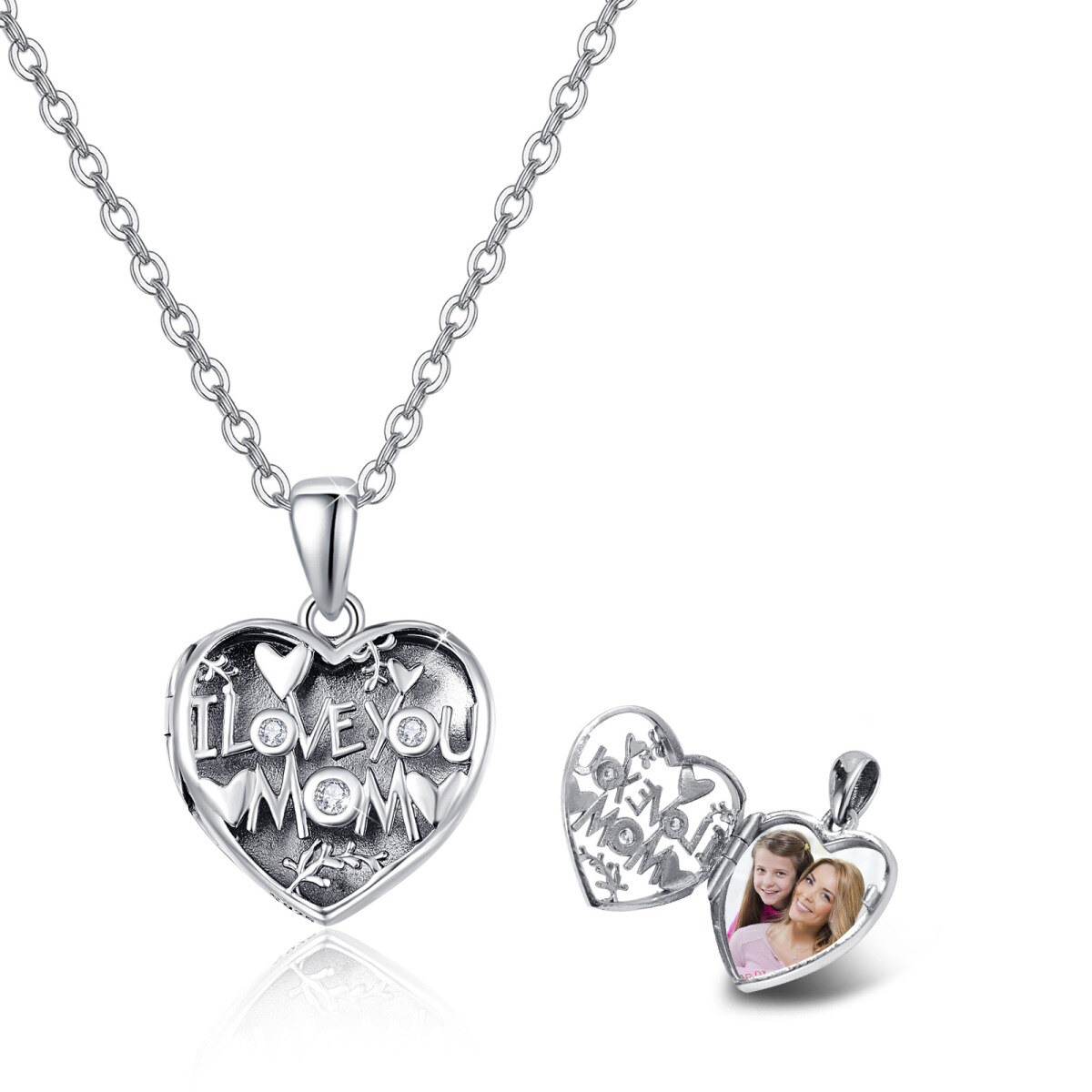 Sterling Silver Zircon Personalized Photo & Heart Personalized Photo Locket Necklace-1