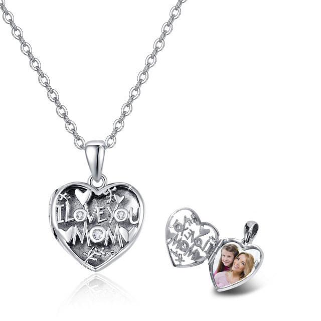 Sterling Silver Zircon Personalized Photo & Heart Personalized Photo Locket Necklace-0