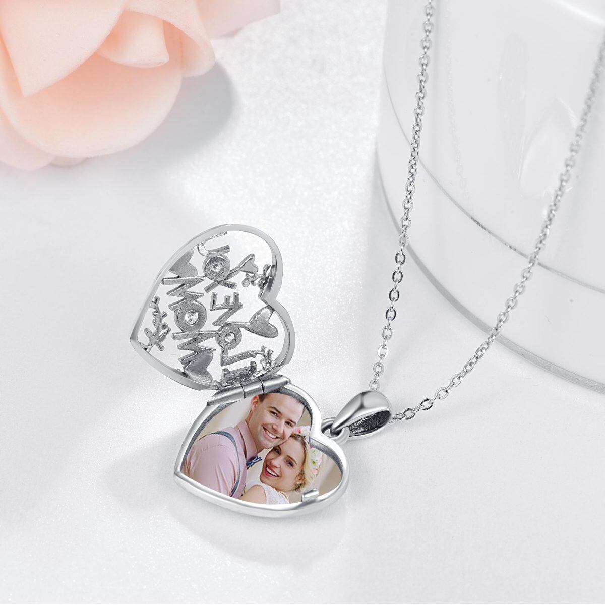 Sterling Silver Zircon Personalized Photo & Heart Personalized Photo Locket Necklace-5