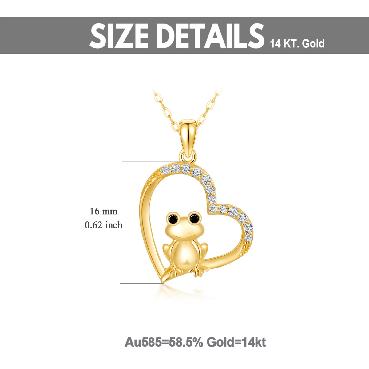 14K Gold Cubic Zirkonia Herz Frosch Anhänger Halskette-5