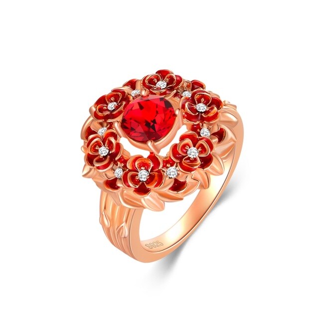 Anel de prata esterlina com cristal rosa em forma circular banhado a ouro rosa-0