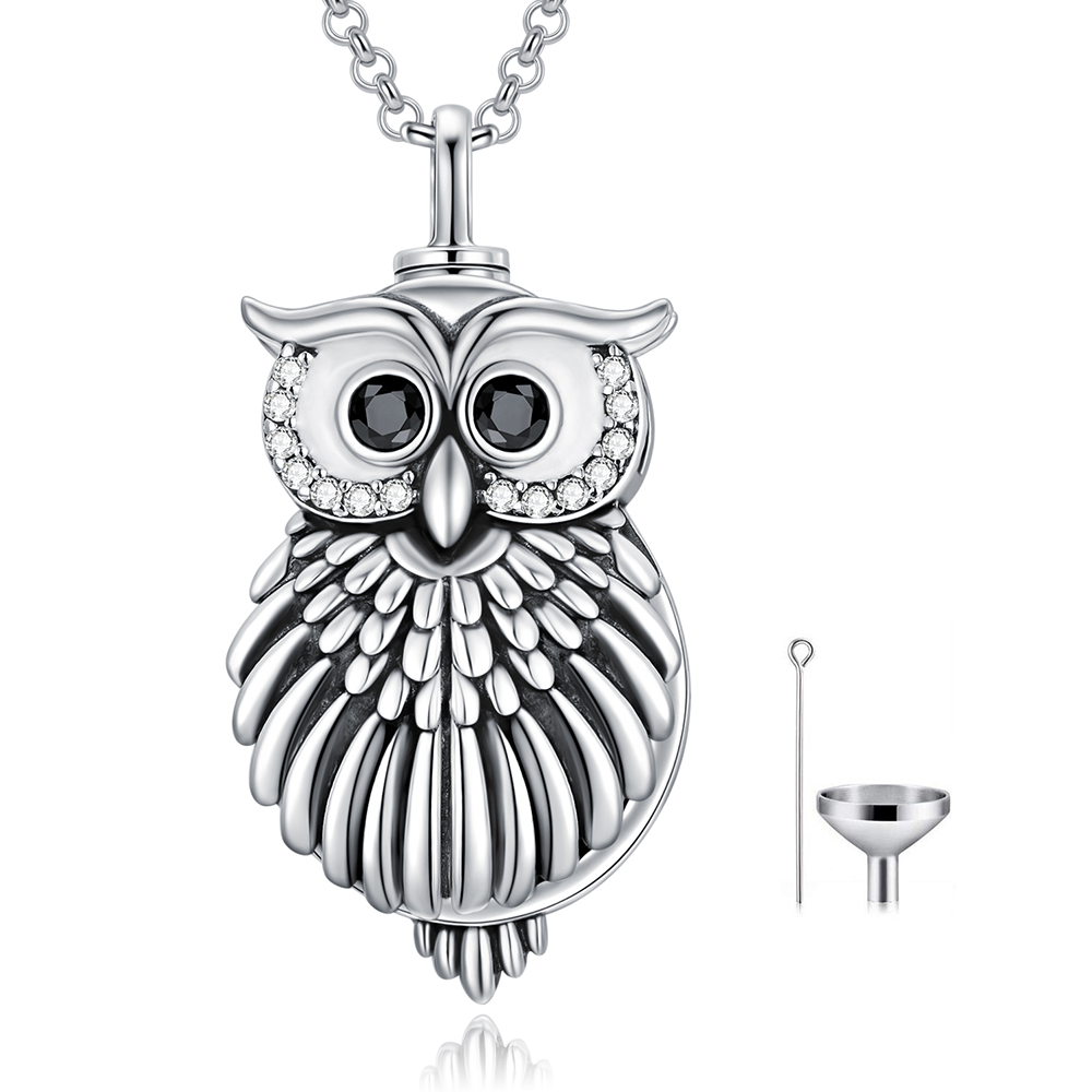 Sterling Silver Circular Shaped Owl Urn Necklace for Ashes with Engraved Word-1