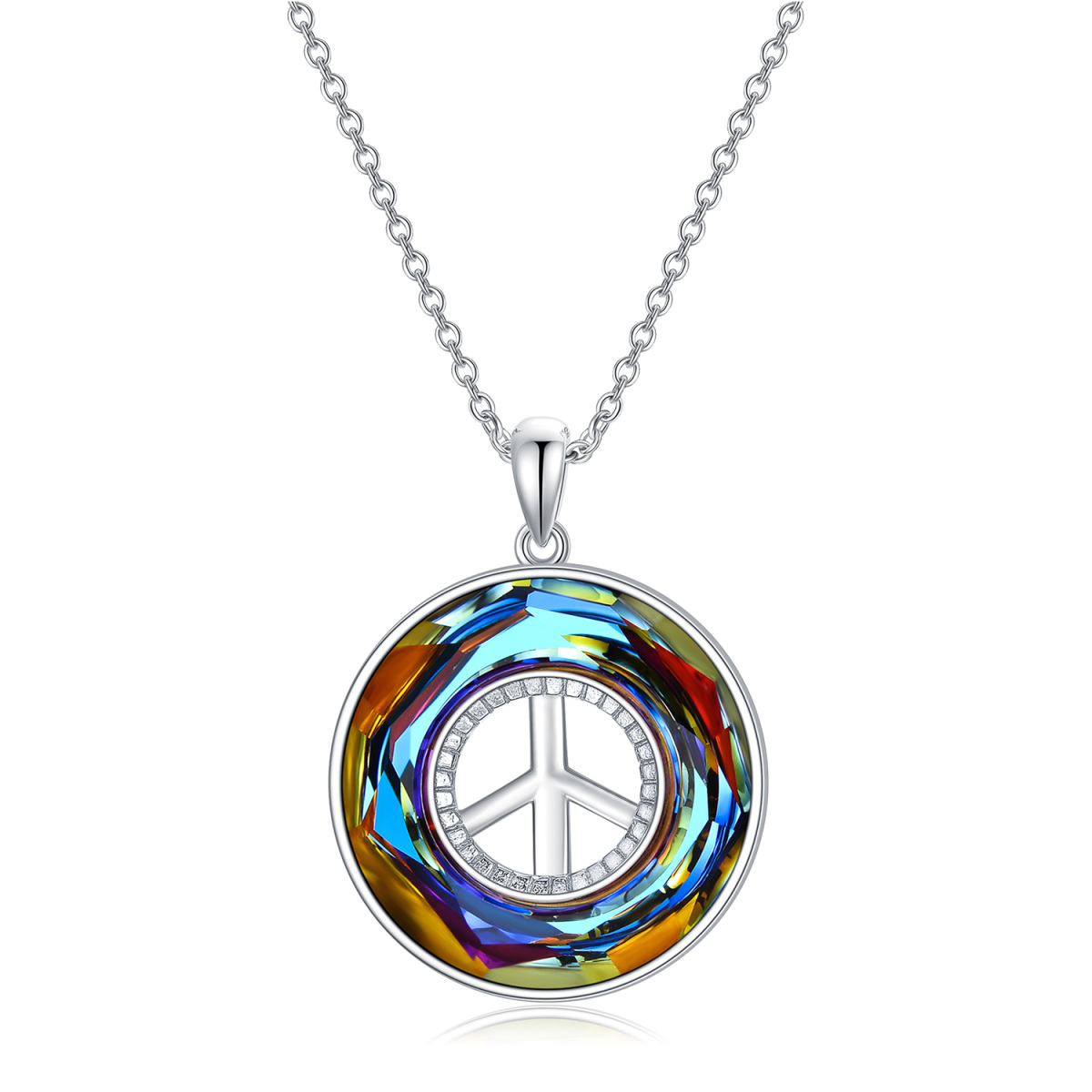 Sterling Silver Circular Shaped Peace Symbol Crystal Pendant Necklace-1