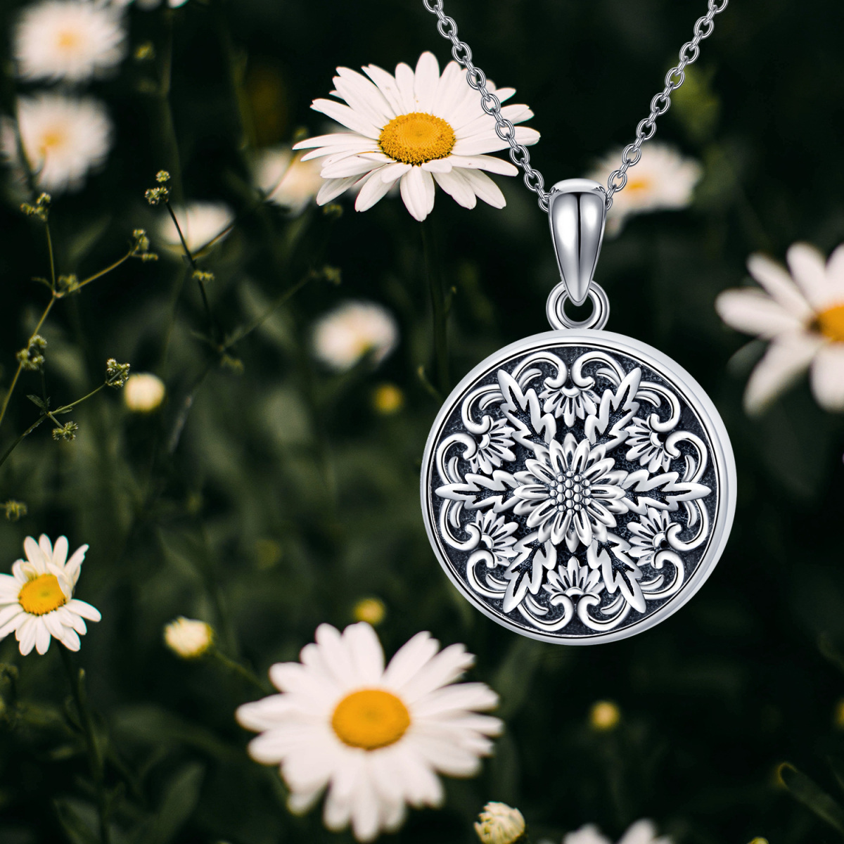 Sterling Silver Oxidized Daisy Personalized Photo Locket Necklace-7