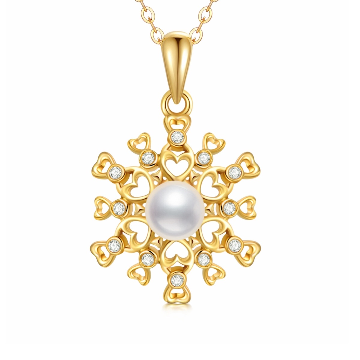 14K Gold Moissanite & Pearl Snowflake Pendant Necklace-1