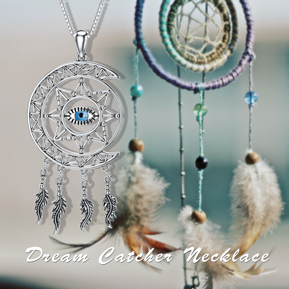 Sterling Silver Dream Catcher & Evil Eye Pendant Necklace-5