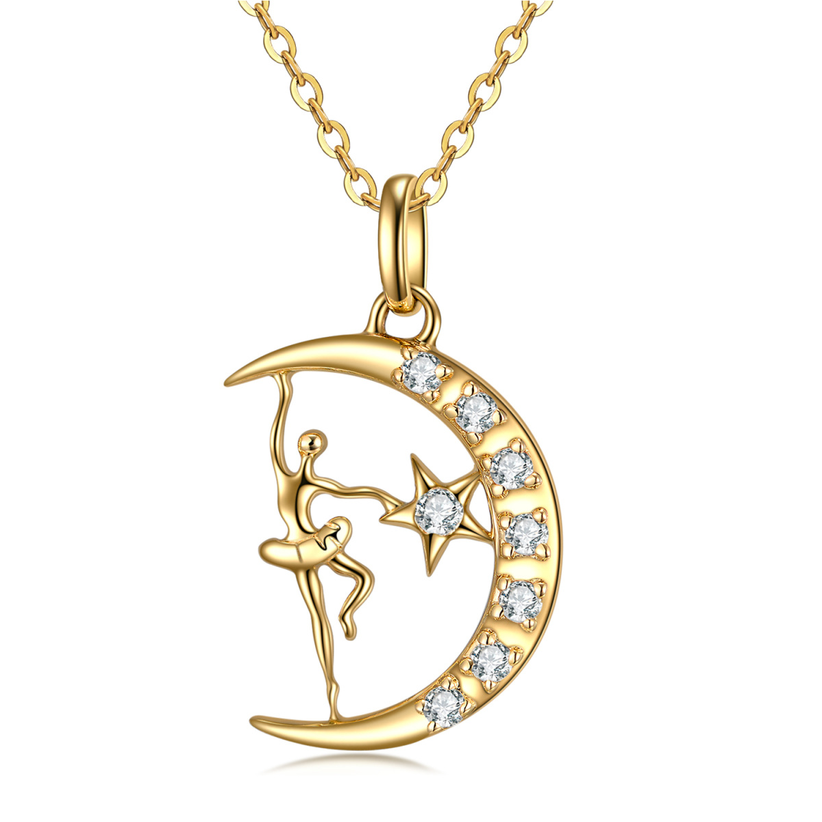 14K Gold Moissanite Dancing Girl & Moon & Star Pendant Necklace-1