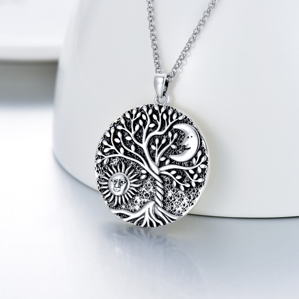 Sterling Silver Tree Of Life & Moon & Sun Pendant Necklace-3