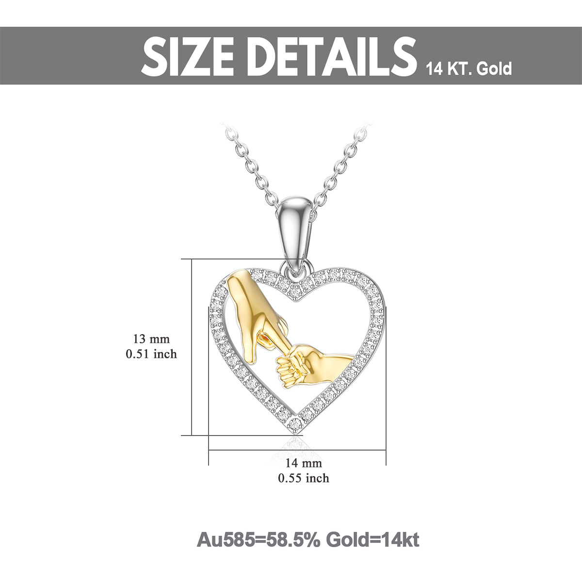 14K White Gold & Yellow Gold Round Moissanite Heart & Hold Hands Pendant Necklace-6