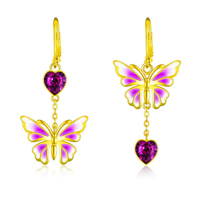 Sterling Silver with Yellow Gold Plated Heart Shaped Crystal Butterfly Drop Earrings-1