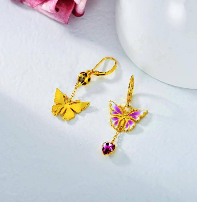 Sterling Silver with Yellow Gold Plated Heart Shaped Crystal Butterfly Drop Earrings-4