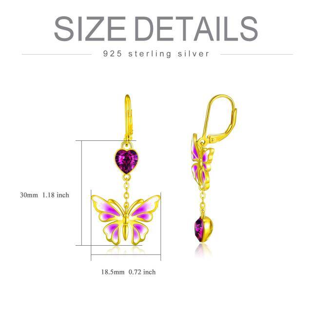 Sterling Silver with Yellow Gold Plated Heart Shaped Crystal Butterfly Drop Earrings-5