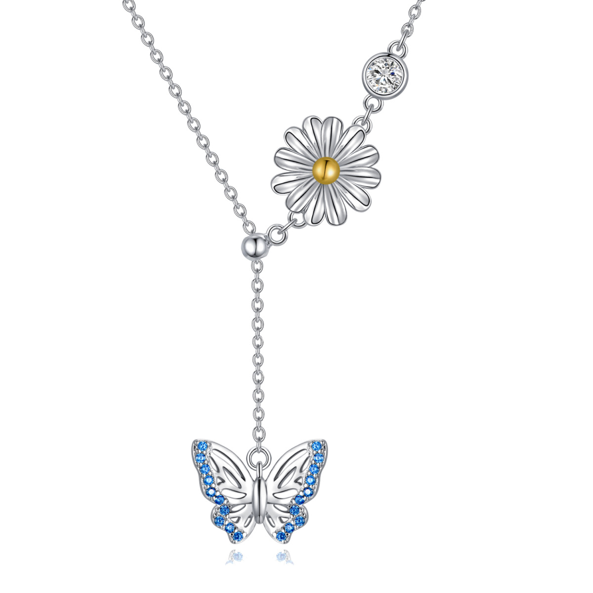 Verstellbare Y-Halskette aus Sterlingsilber mit rundem Zirkonia und Schmetterling und Gänseblümchen-1
