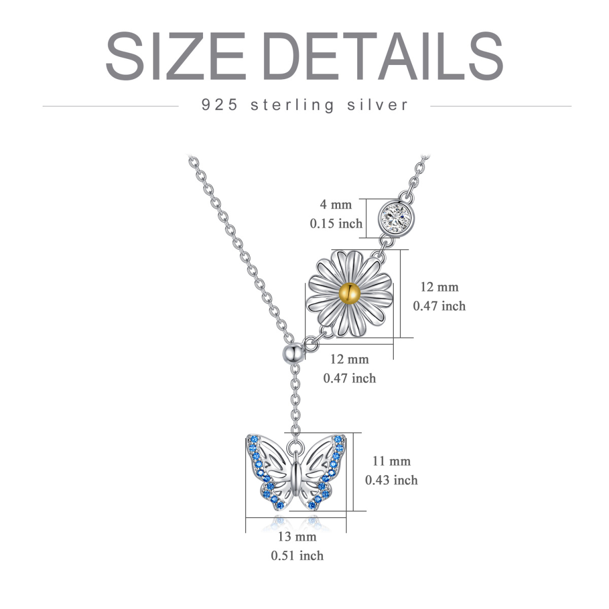 Verstellbare Y-Halskette aus Sterlingsilber mit rundem Zirkonia und Schmetterling und Gänseblümchen-6