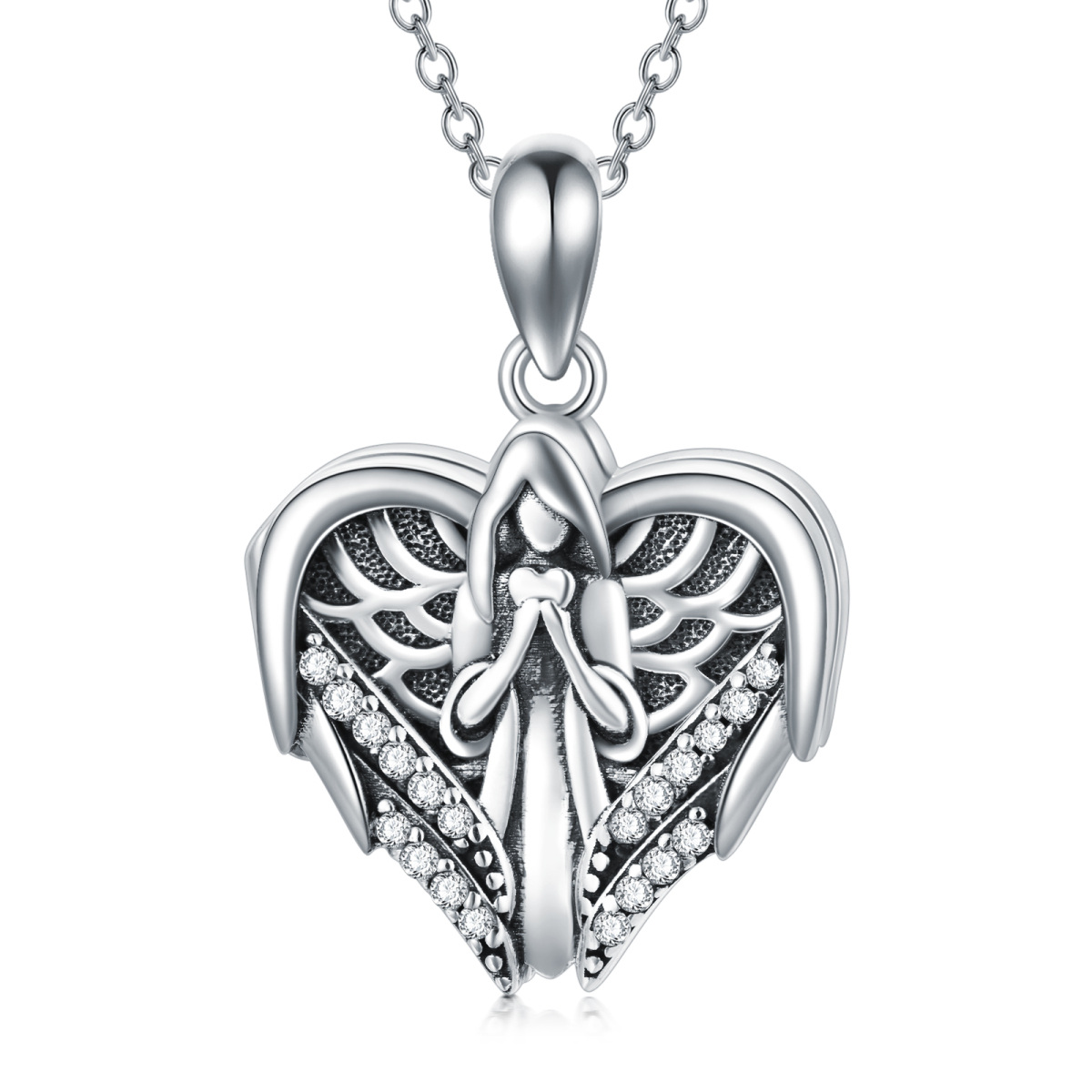 Sterling Silber kreisförmig Engel & Herz personalisierte Foto Medaillon Halskette-1
