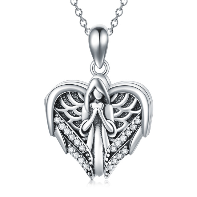 Sterling Silber kreisförmig Engel & Herz personalisierte Foto Medaillon Halskette-0