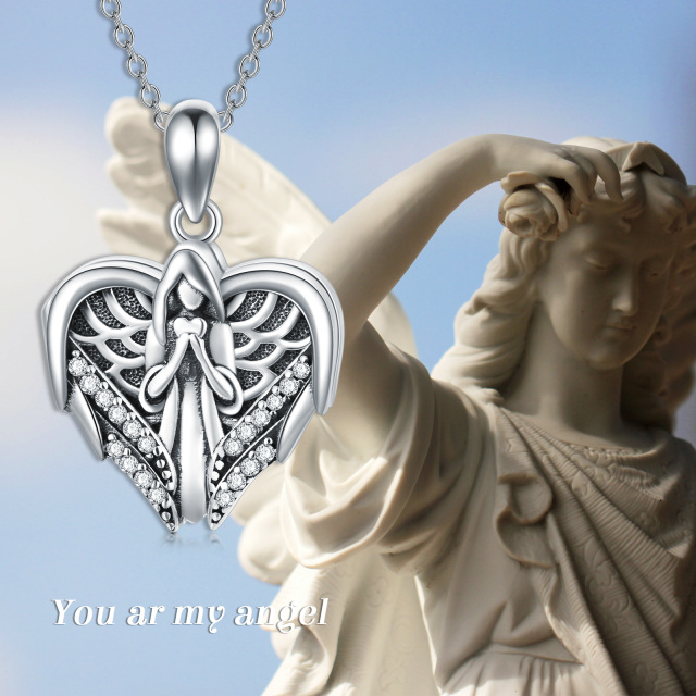 Sterling Silver Circular Shaped Angel & Heart Personalized Photo Locket Necklace-2
