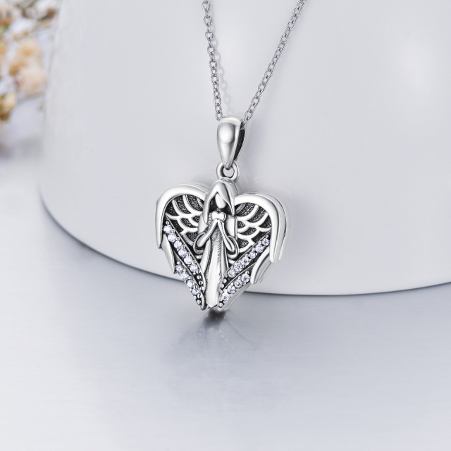 Sterling Silver Circular Shaped Angel & Heart Personalized Photo Locket Necklace-3