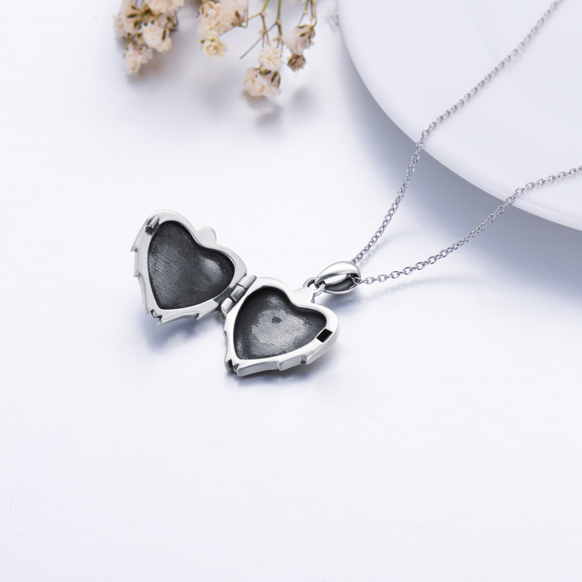 Sterling Silber kreisförmig Engel & Herz personalisierte Foto Medaillon Halskette-6