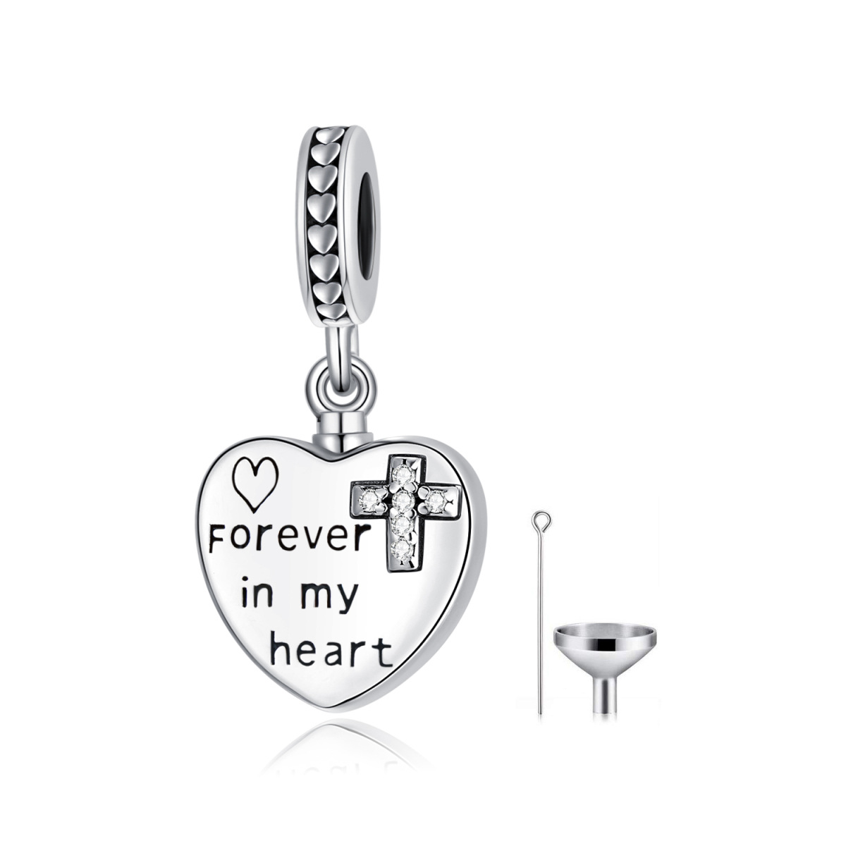 Sterling Silver Round Cubic Zirconia Cross & Heart Dangle Charm with Engraved Word-1