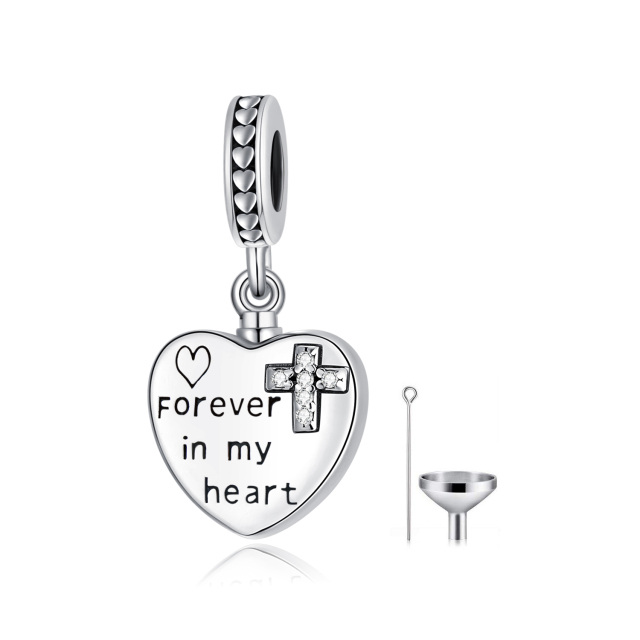 Sterling Silver Round Cubic Zirconia Cross & Heart Dangle Charm with Engraved Word-0