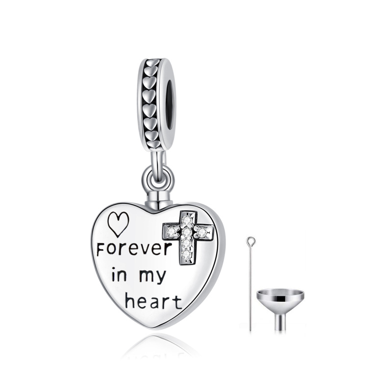 Sterling Silver Round Cubic Zirconia Cross & Heart Dangle Charm with Engraved Word