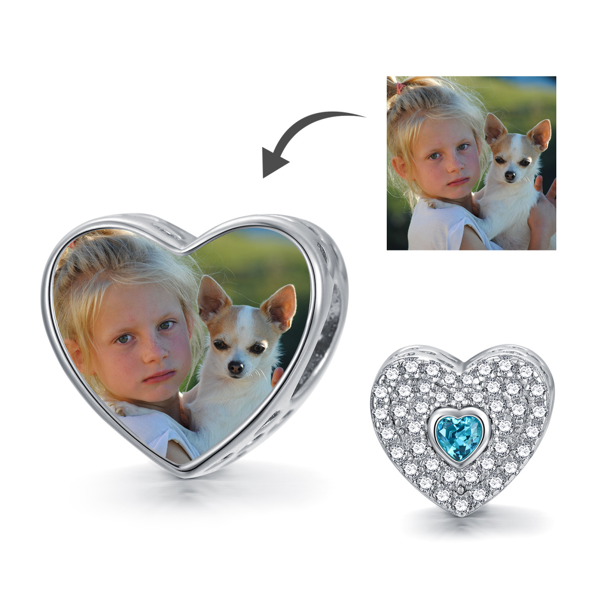 Sterling Silver Cubic Zirconia Personalized Photo & Heart Bead Charm-3