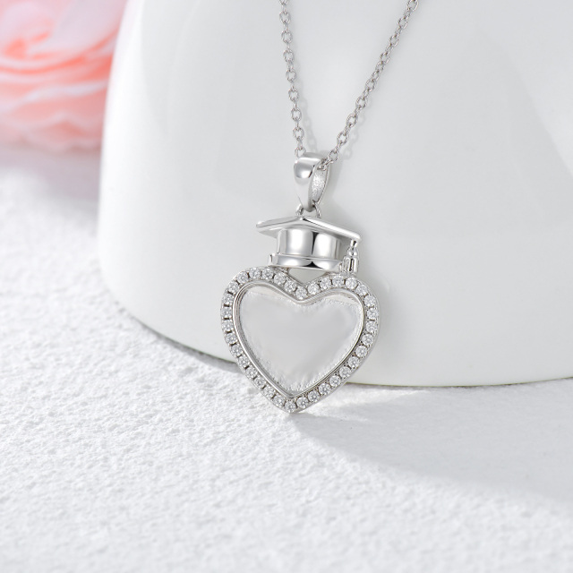 Sterling Silver Circular Shaped Cubic Zirconia Heart Pendant Necklace-4